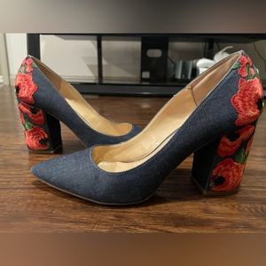 Jessica Simpson Denim Floral Embroidered Block Heels